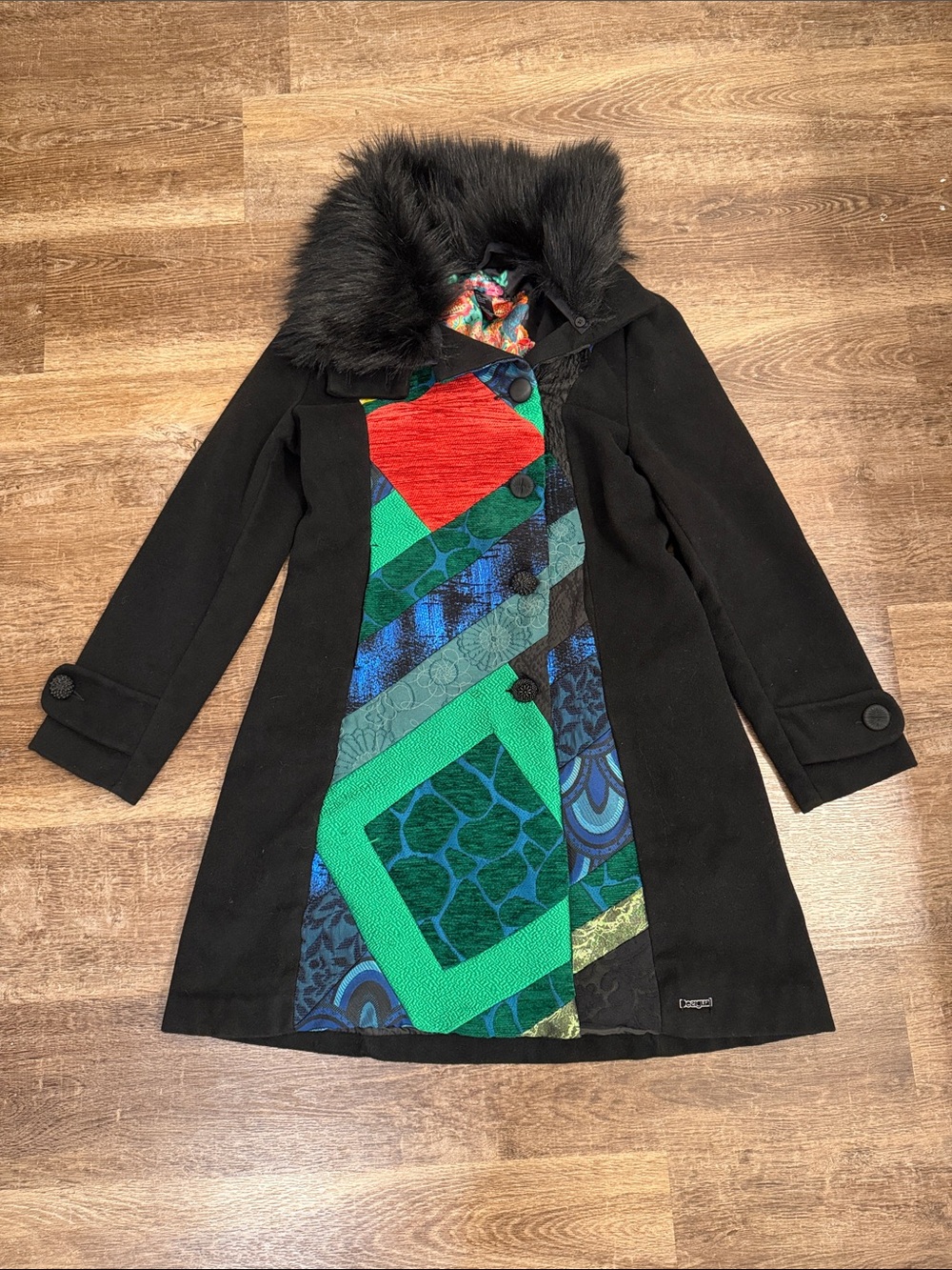 Desigual Black Trench Coat with Multicolor Patchwork Front and Faux Fur Collar
